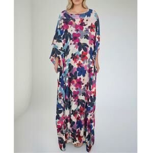 Carolina Herrera Floral Kaftan Maxi Dress Satin Flutter Sleeve Side Slits XS